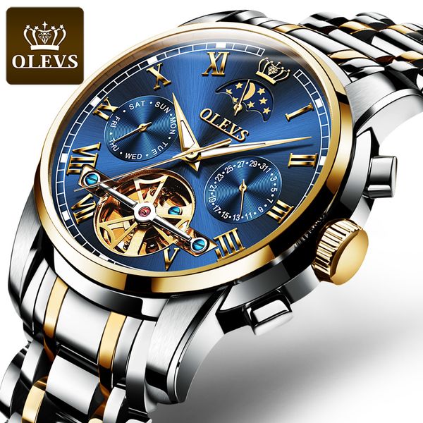 

olevs luxury classic men's automatic mechanical watch authentic fashion waterproof luminous stainless steel watch, Slivery;brown
