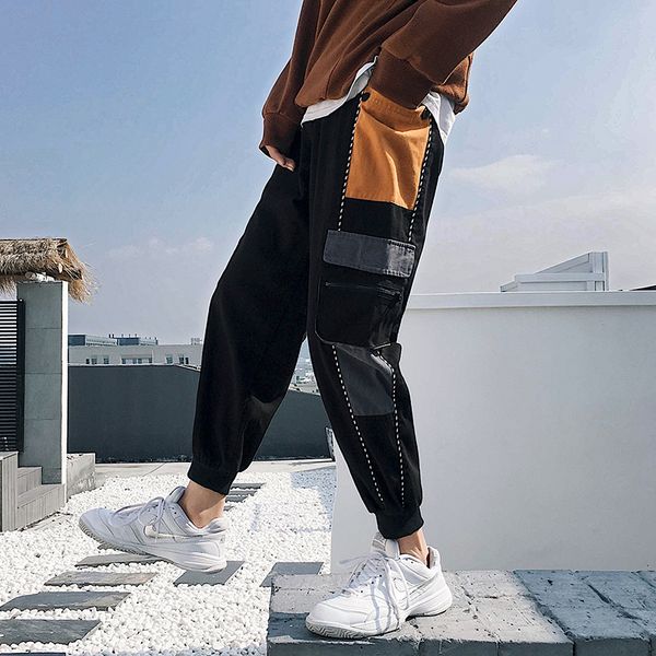 

men fashion sweatpants skateboard harajuku streetwear trouser male casual pants patchwork joggers hip hop harem pants, Black