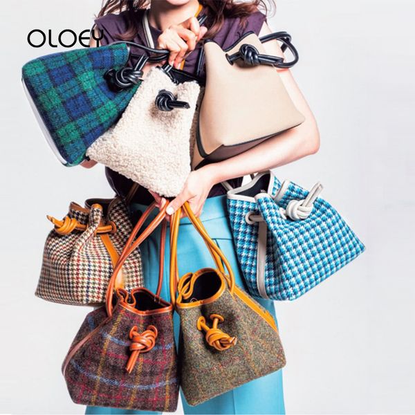 

woollen houndstooth drawstring bucket bags plaid women's designer handbag sac a main femme synthetic fleece ladies shoulder bag