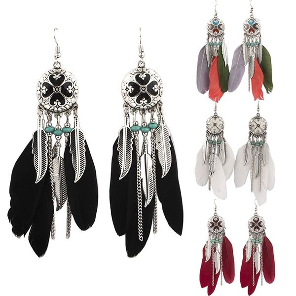 

fashion women's ethnic wind dripping dangle earrings white red black color feather tassel earrings fashion jewelry oorbellen, Silver