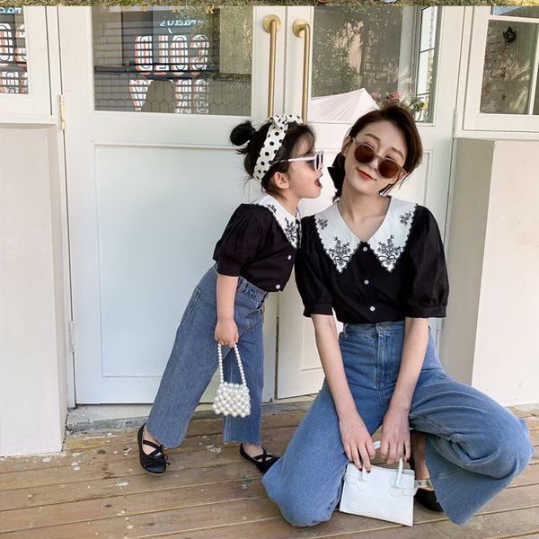 

мать дочь эпикировка черная белая рубашка + синий высокая талия wide leg denim брюки родитель-ребенок одежда семейный outfit e22065, Blue