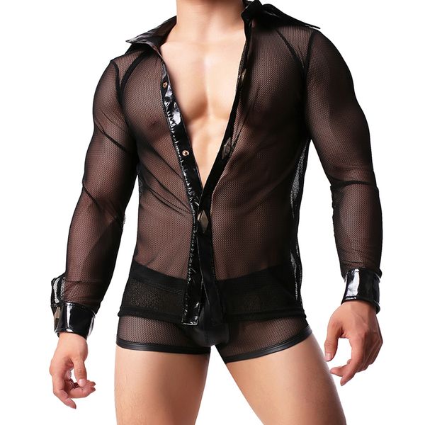 

men gay transparent jumpsuits mesh black deep v neck mens wrestling singlet short sleeve see through undershirt, Black;brown