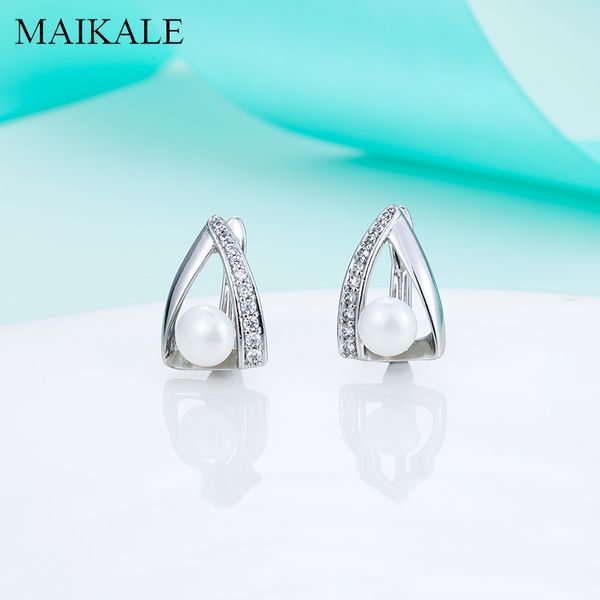 

maikale new fashion gold/silver triangle natural zirconia earrings with pearl stud earrings for women jewelry gift statement, Golden;silver