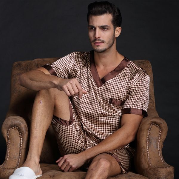 

thoshine brand spring summer autumn men satin silk pyjamas sets of t-shirt & shorts male pijama sleepwear leisure home clothing, Black;brown