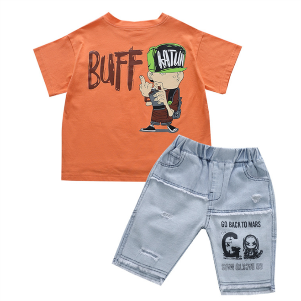 

children clothing boys summer limited edition cartoon shorts denim pants sport suit kids short sleeve t shirt jeans clothes sets, White