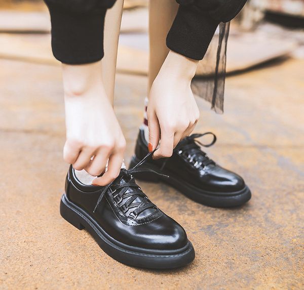 

all-match retro woman shoes 2019 fashion women's autumn round toe oxfords british style female footwear casual sneaker modis, Black