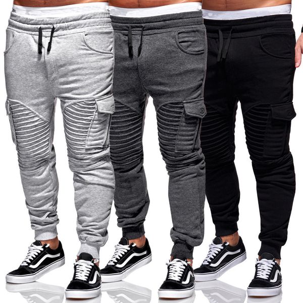 

men's pleat patched sports joggers hip hop jogging fitness pants casual trousers sweatpants, Black