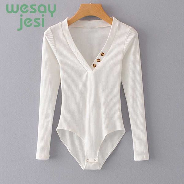 

casual womens white women elastic solid bodysuits long sleeve v-neck buttons elegant jumpsuits 2019 black bodysuit, Black;white