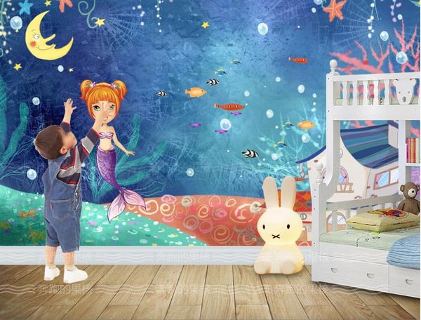 

3d wallpaper custom p murals hd hand-painted background wall of underwater world mermaid children room decor wall art pictures