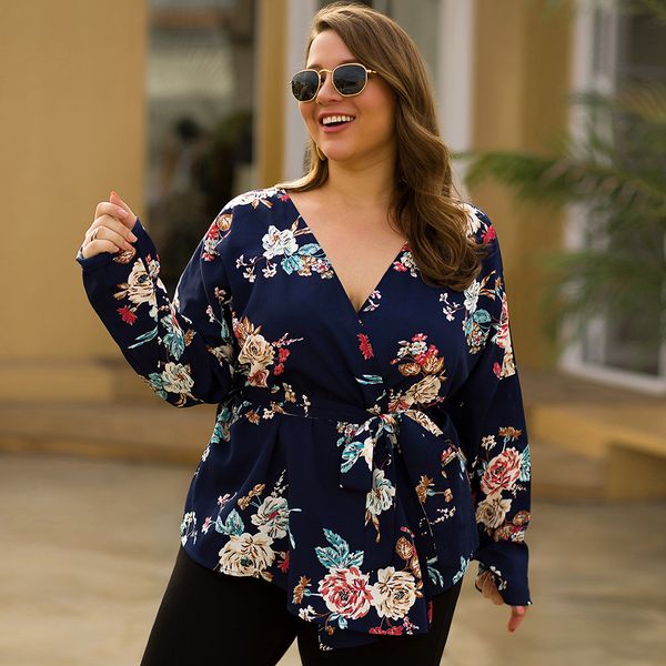 

lortalen autumn plus size women blouse cross v-neck high waist long sleeve slim shirt floral print chiffon shirt casual top, White