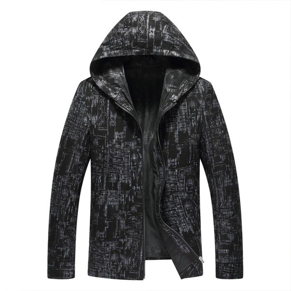 

new genuine leather jacket short stand fashion print real sheepskin coats for men biker leather jacket, Black