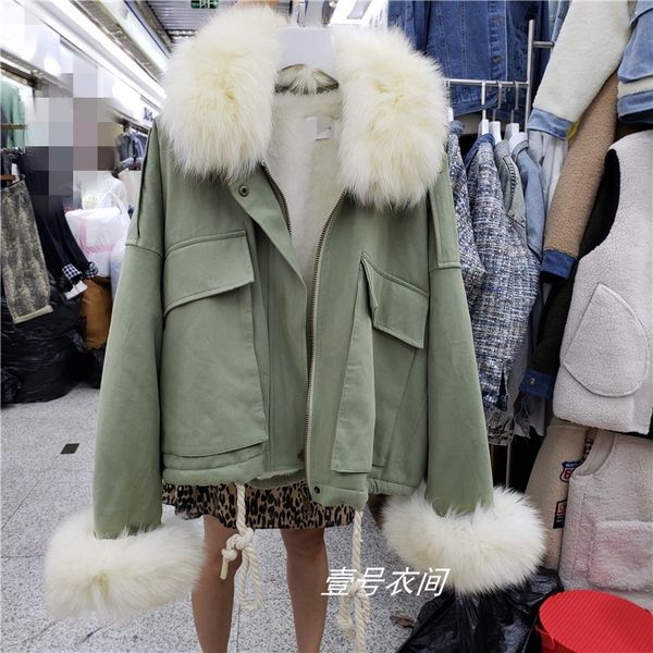 

winter coat women real fur collar cotton jacket pocket short cotton coat girl ladies natural fur overcoat casaco feminino, Black