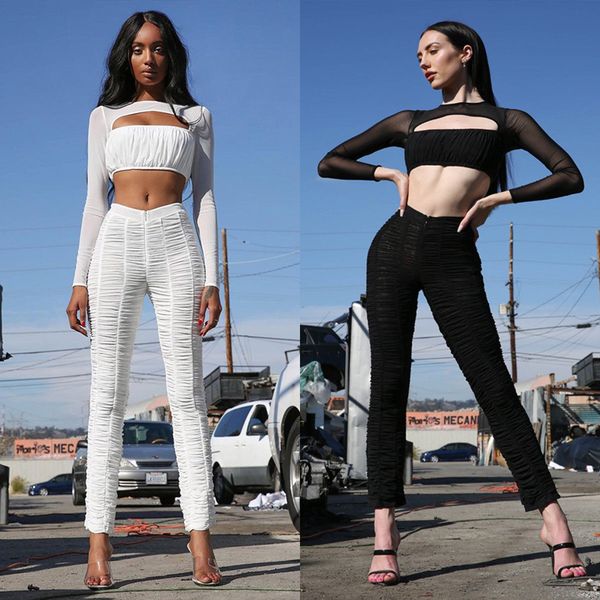 

2019 new style fashion women sleeve mesh stitching chest hollow out short skinny solid blouse, White