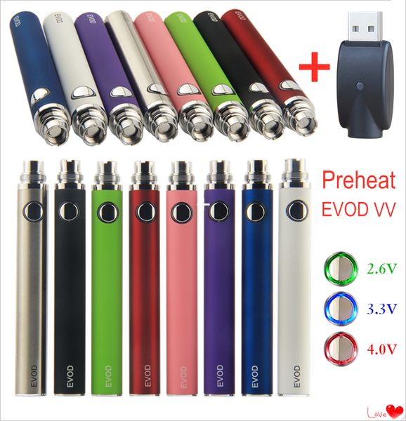 MOQ 1 Pz EVOD Preriscaldare VV Vaporizzatore 510 Filo Batteria E-Cig eGo Caricatore USB 650 900 1100 mAh Tensione variabile E Sigaretta Vape Pen CE3 CE4 CE5 MT3