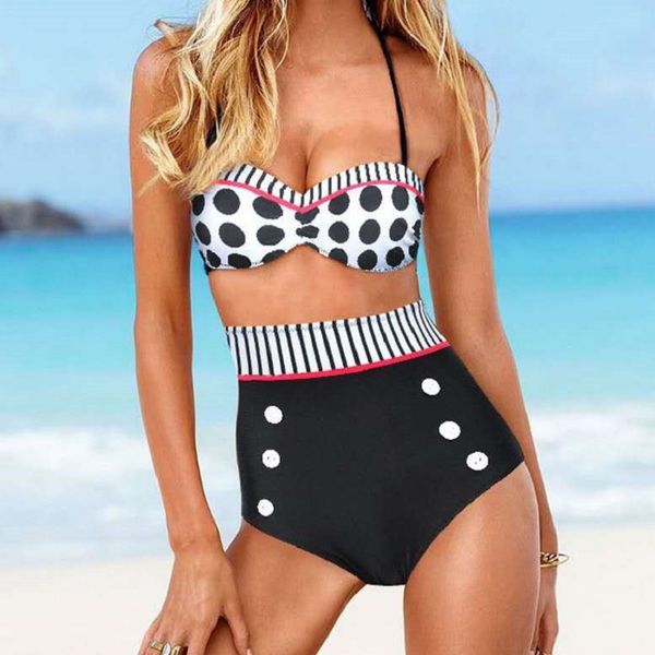 

women's selling multi-color wavy bikini striped button tie high elastic swimsuit