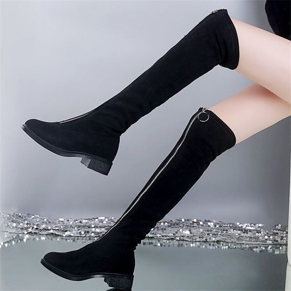 

women boots 2020 selling ring front zipper women over the knee boots stretch suede block heels autumn woman shoes high, Black