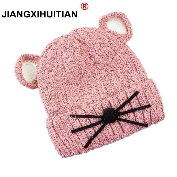 

cotton wool fur knitted hat girl cute cartoon cat winter hats for girls warm thick caps children beanies autumn kids ears hat