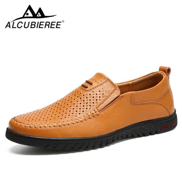 

alcubieree brand men casual leather shoes slip-on fashion breather comfortable men shoes summer sapato masculino, Black