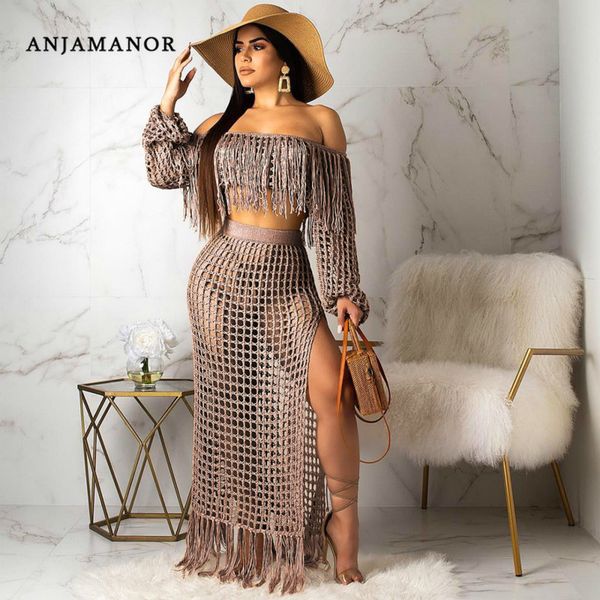 ANJAMANOR Conjunto de 2 Peças de Verão Feminino Crochet Tassel Cropped Top Saia Maxi Tamanho Grande Roupas Sexy Boho Beach Outfit 2019 D43-AF33 T200623