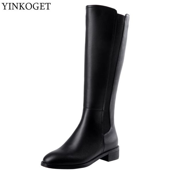 

yinkoget real genuine leather leisure women zip medium high boots heel mid-calf boots autumn winter girl charming, Black