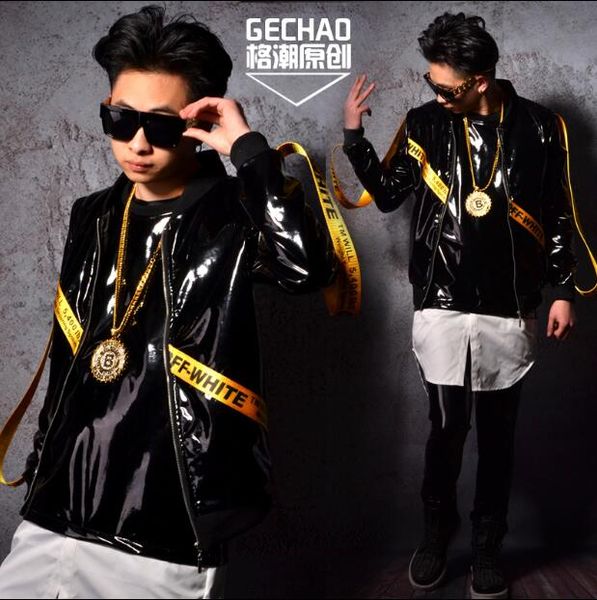 

m-xxl men's pu jacket bar nightclub dj stage pack black patent leather baseball salon hairdresser rock big singer men's costumes