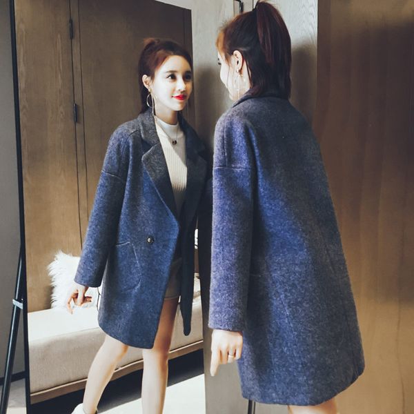 

hepburn woolen coat women suit collar blend blazer jacket tide korean temperament slim abrigos mujer invierno 2019 outwear f1470, Black