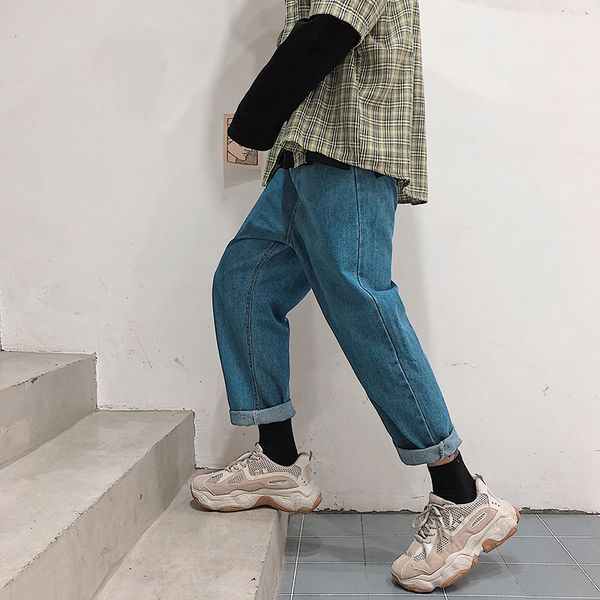 

2019 men's cargo pocket haren pants wash jeans mens tide casual pants fashion male biker denim blue/black color trousers s-2xl