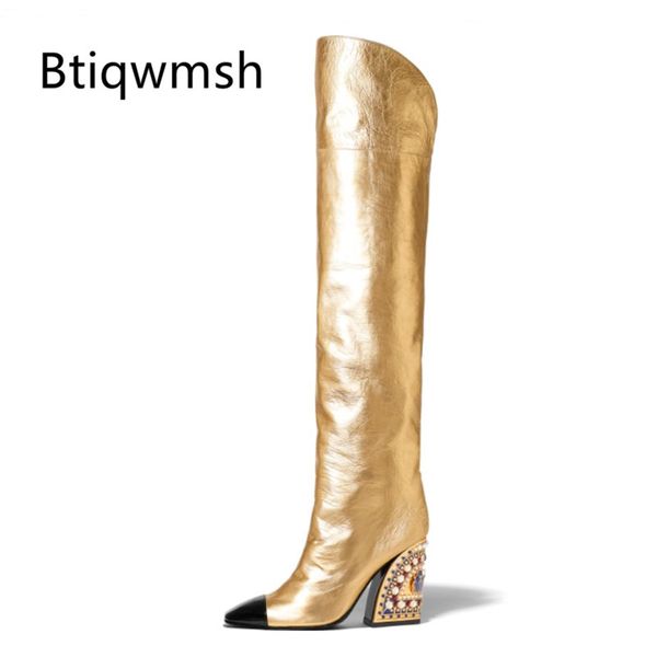 

2019 gold thigh high boots women point toe mixed color rhinestone bead high heel boot lady runway shoes woman knight boot, Black