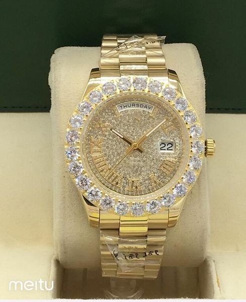 

роскошные 2020 новые бриллианты мужские часы часы стальной алмазный циферблат 43 мм мужские женские женские автоматические ледяной день дата, Slivery;brown