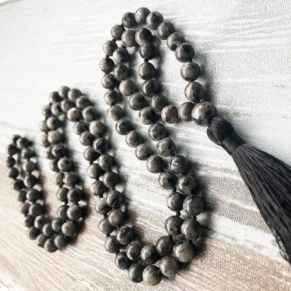 

8mm black lavrakite nala necklace for men's gift 108 hand knotted mala jewelry long tassel healing necklace, Silver
