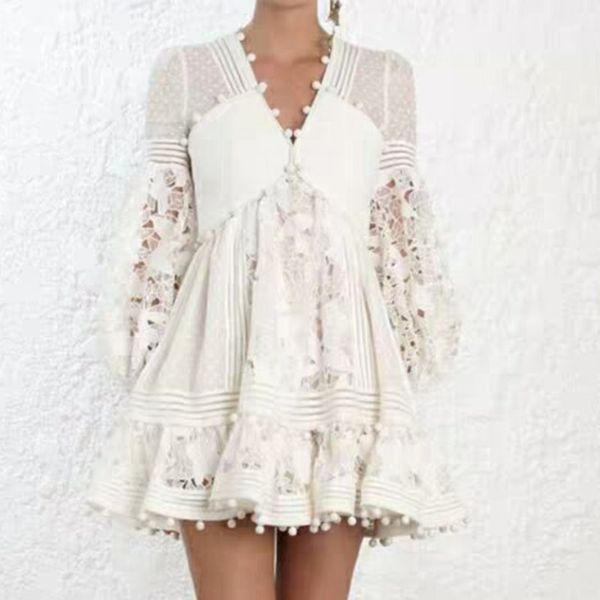 

qlzw 2019 summer new fashion v-neck lace mesh hollow white dress trendy tide long section women clothes be582, Black;gray