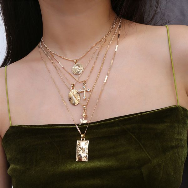 

layered rose cross pendant choker necklace set boho golden carve portrait coin long chain necklace women christian gift, Silver