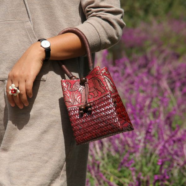 

vintage national women's handbags retro bead rattan straw bags elephant printing designer bucket lady summer beach mini tote sac