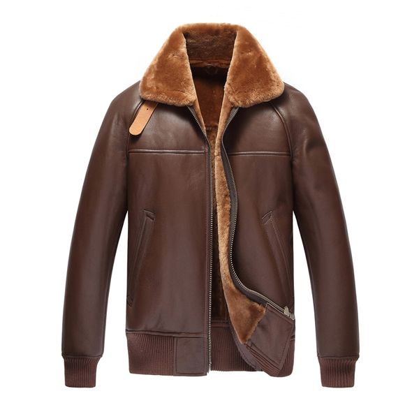 

mens fur coat men's shearling jacket pilot leather jacket genuine leather mens flight jackets aviatortj50, Black