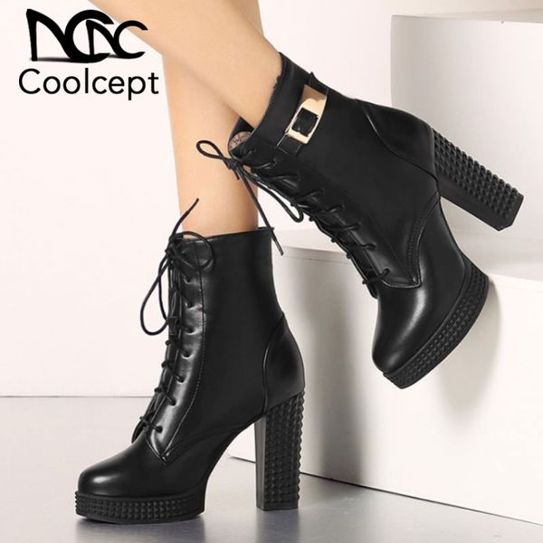 

coolcept women 2020 thick bottom fashion black ankle boots platform high heels motorcycle boots shoes woman footwear size 32-43