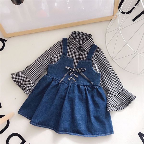 

2018 new spring item girl plaid flare sleeve suspender jeans dress 2pcs per set, White