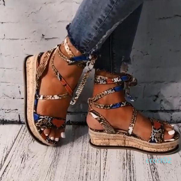 

new wedges heels fashion 2020 big size 43 wholesale shoelaces snake printed summer ins shoes women sandals ct2, Black