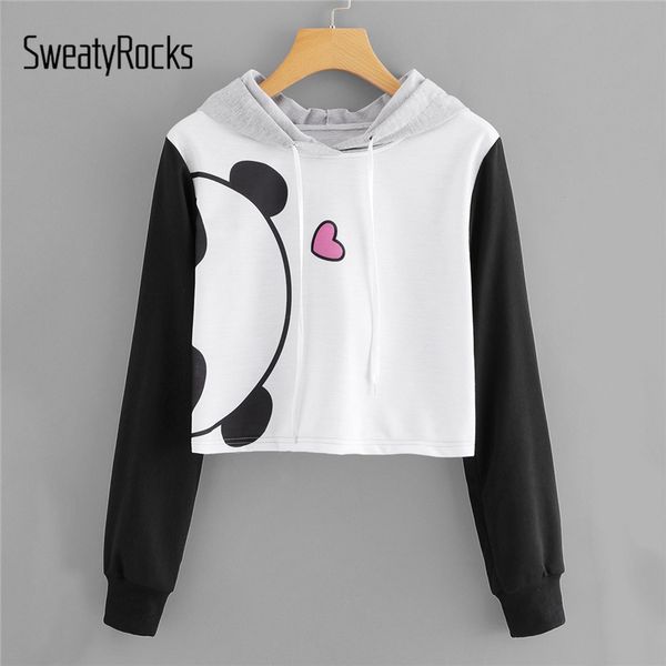

sweatyrocks drawstring crop hoodies cartoon print sweatshirt women cute preppy long sleeve pullovers casual sweatshirts, Black