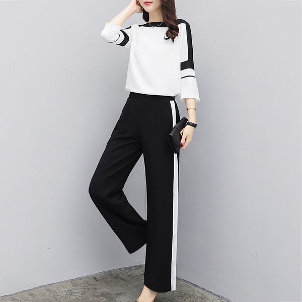 

women's suit elegant office fashion tracksuit long sleeve +wide leg pants trousers 2 piece set black white casual suits