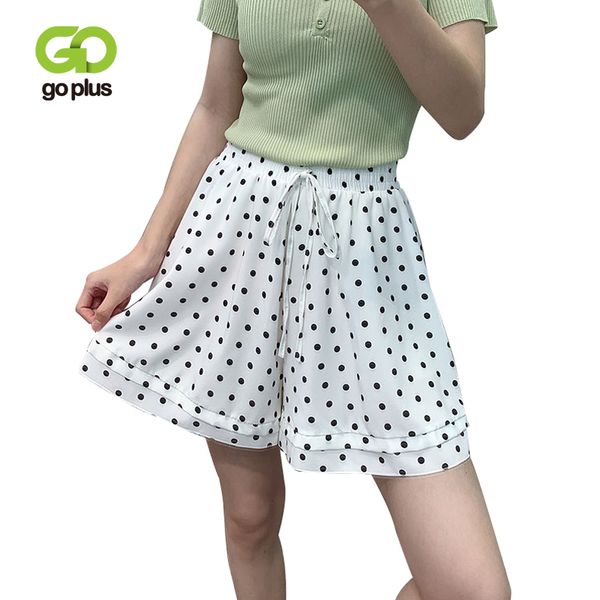 

goplus shorts womens summer vintage dot chiffon drawstring high waist shorts spodenki damskie elastic waist wide leg, White;black