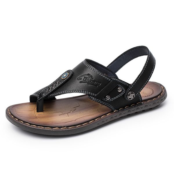 

new 2019 men sandals genuine leather summer non-slip men's shoes outdoor breathable beach shoes men flip flops big size, Black