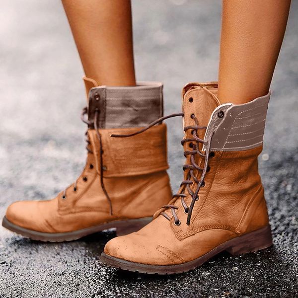

lace up ladies booties spring autumn women square heel rome retro middle tube lace up boots knight shoes brown plus size 43, Black