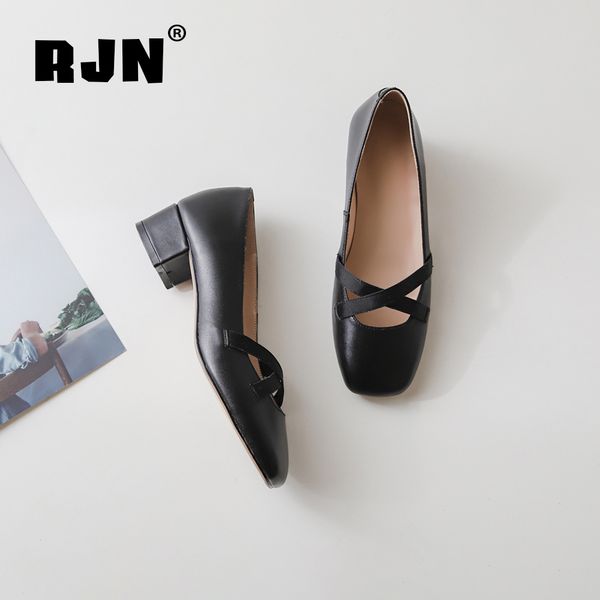 

rjn stylish women pumps cow leather buckle decoration comfortable square toe med heel elegant slip-on shallow well shoes ro35, Black