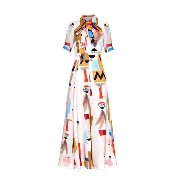 

2019 catwalk cartoon print lace single-breasted shirt style waist jumpsuit large size wide leg pants, Black;white