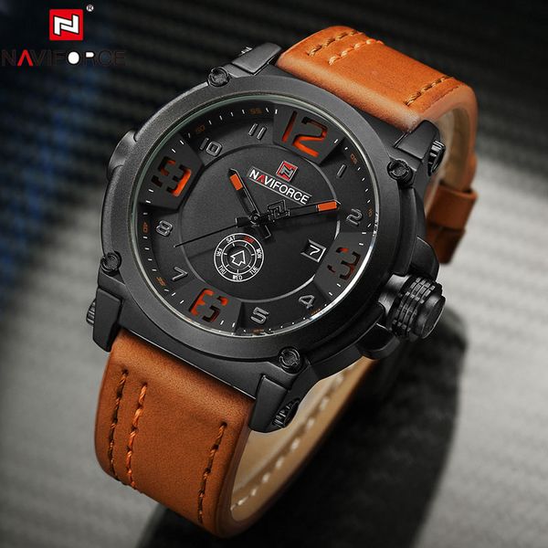 

naviforce watch men luxury sport quartz wristwatch clock mens watches leather business waterproof watch relogio masculino, Slivery;brown