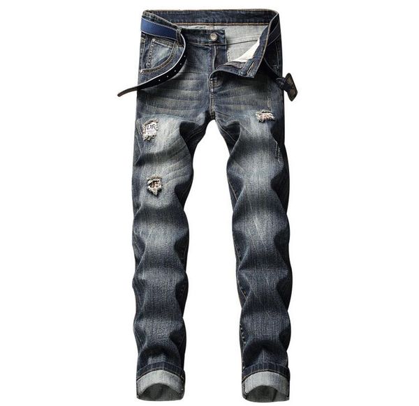 

2019 весна мужская мода конструктор рваные джинсы ретро stretch лоскутное вышивка straight leg slim fit streetwear марка джинсовой ткани брю, Blue