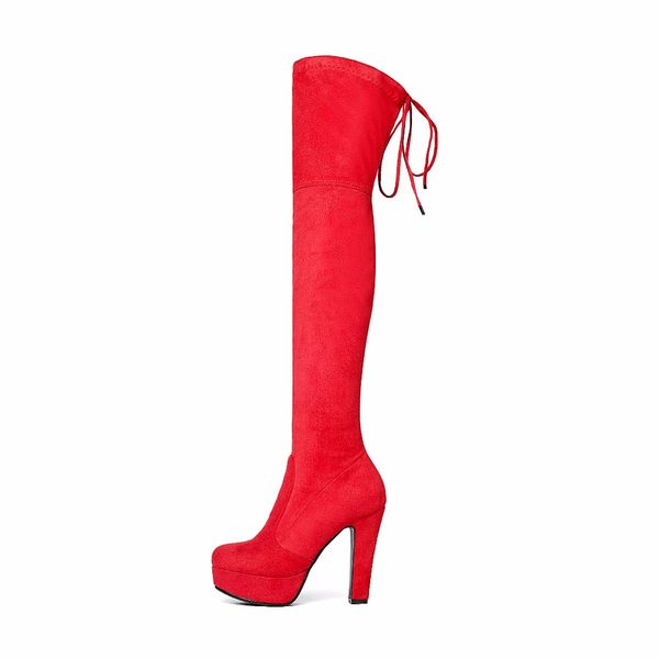 

fashion winter warm knee women's boots stretch suede waterproof platform solid color high boots high heels with plus size, Black