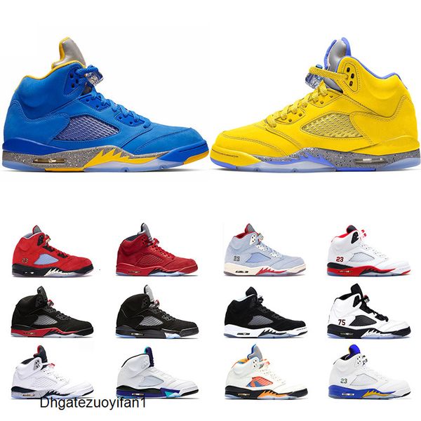 

new 5 men basketball shoes 5s bred fire red ice blue laney blue yellow trophy room mens trainer athletic sport sneaker drop shipping