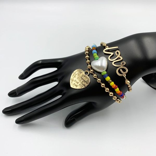 

lady fashion color beads heart pendant bracelet women wedding three-layer multi metal girls gift statement bracelet jewelry, Golden;silver