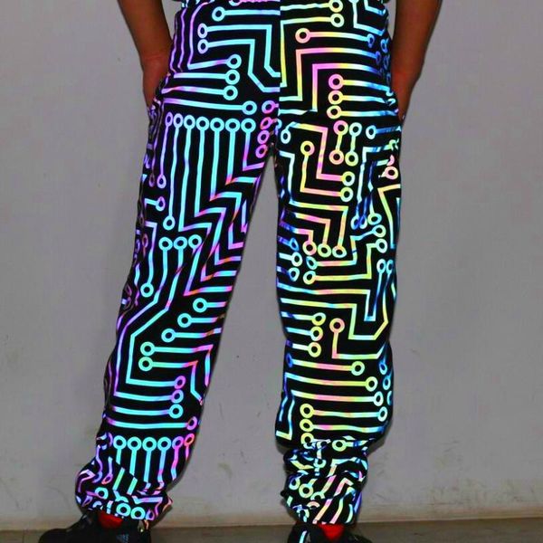 

men geometric circuit lines colorful reflective hip hop pants women harajuku punk joggers casual jogging sweatpants, Black